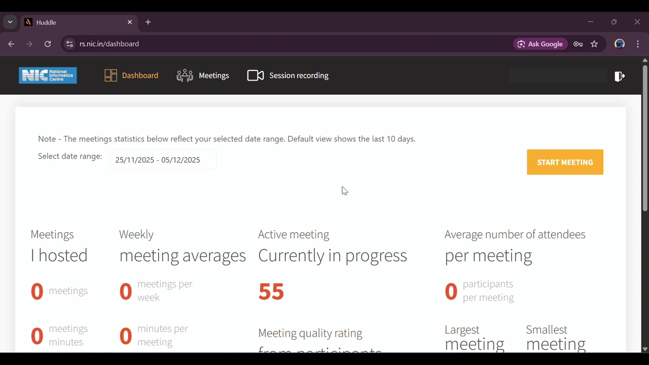 Screenshot of the user dashboard showing meeting statistics.